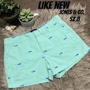 Like New-Jones & Co. Shorts-8-Flat Front Chino Style-Sea Green/Blue Shark Print-
